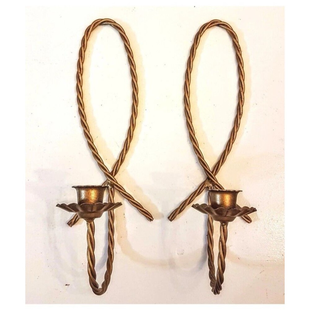 2 VTG HOMCO Home Interior Gold Twisted Wire SCONCE LOT Hollywood Regency